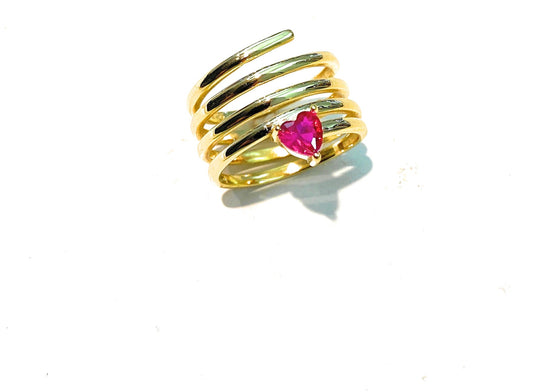 Anello serpentino con cuore rosso argento sterling 5 giri placcato oro giallo