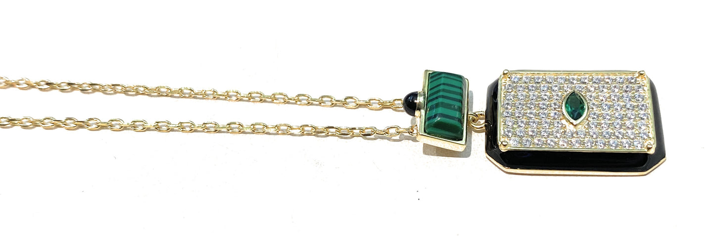 Collarino Pendente Malachite Smalto nero argento 925 Placcato Oro giallo