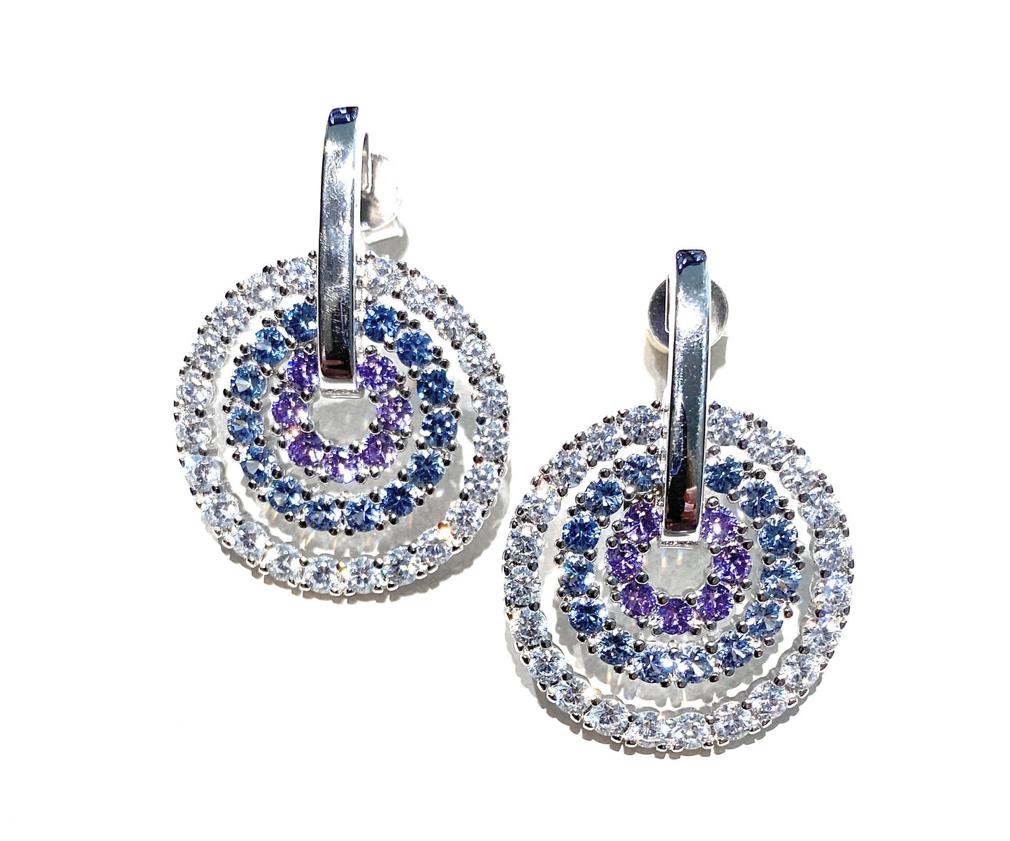 Orecchini Eleganti 3 cerchi concentrici Zirconi sfumature lilla blue Argento Sterling 925 farfallina