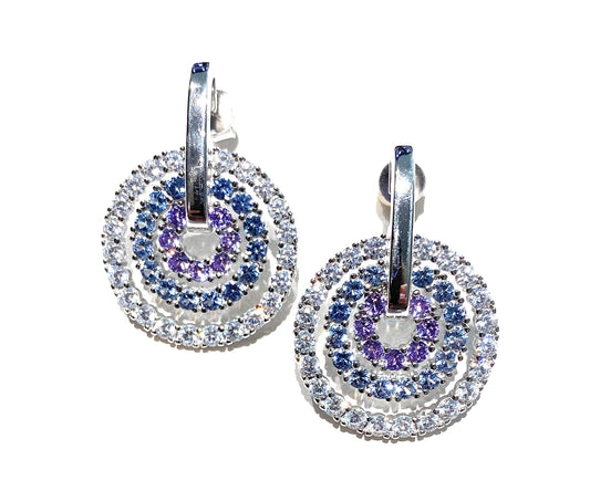 Orecchini Eleganti 3 cerchi concentrici Zirconi sfumature lilla blue Argento Sterling 925 farfallina