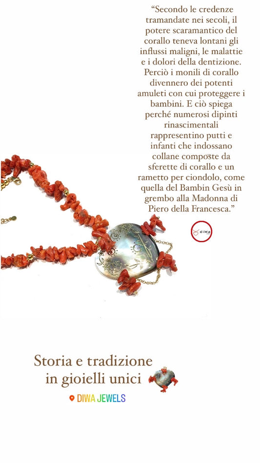 Collana corallo rosso italiano con cuore madreperla tronchetti corallo ematite in argento sterling placcato oro giallo