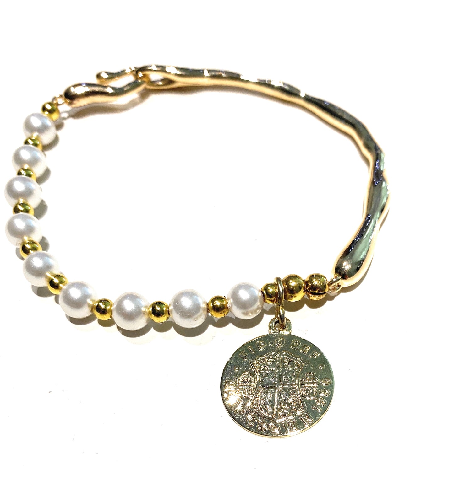 Bracciale diWa Jewels semi Rigido metà Pietre Dure o Perle e Charm Moneta in bronzo Fatto a Mano