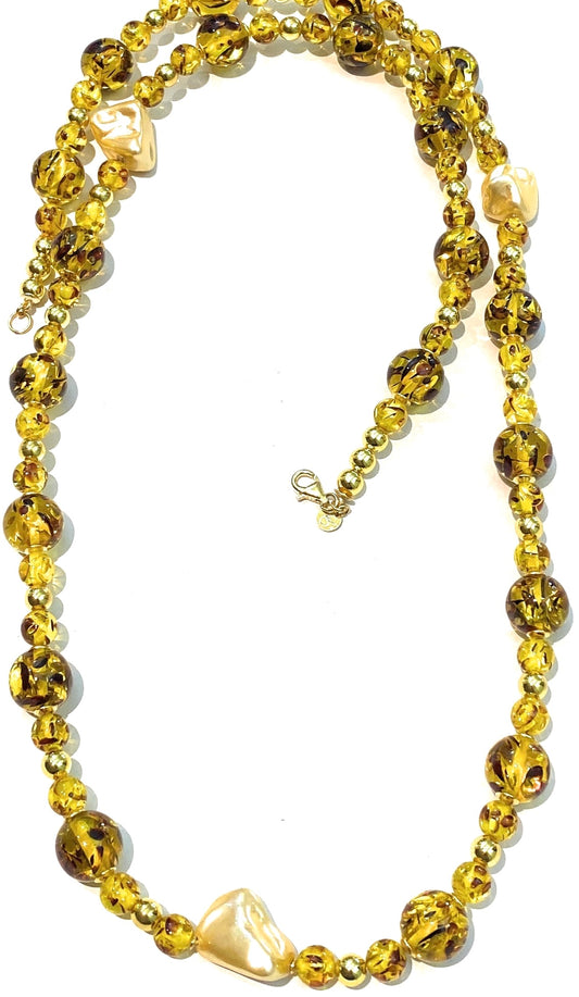 Collana Lunga diWa Jewels resina Ambra ematite e Perle Barocche gold argento sterling