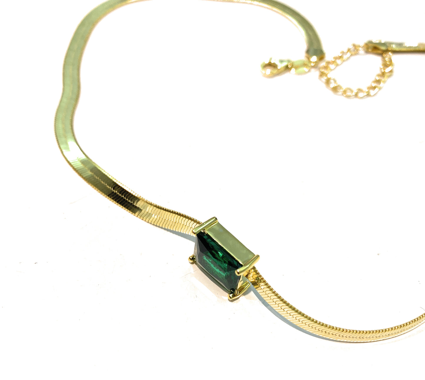 Collana Girocollo Maglia Piattina larga centrale zircone taglio Smeraldo regolabile