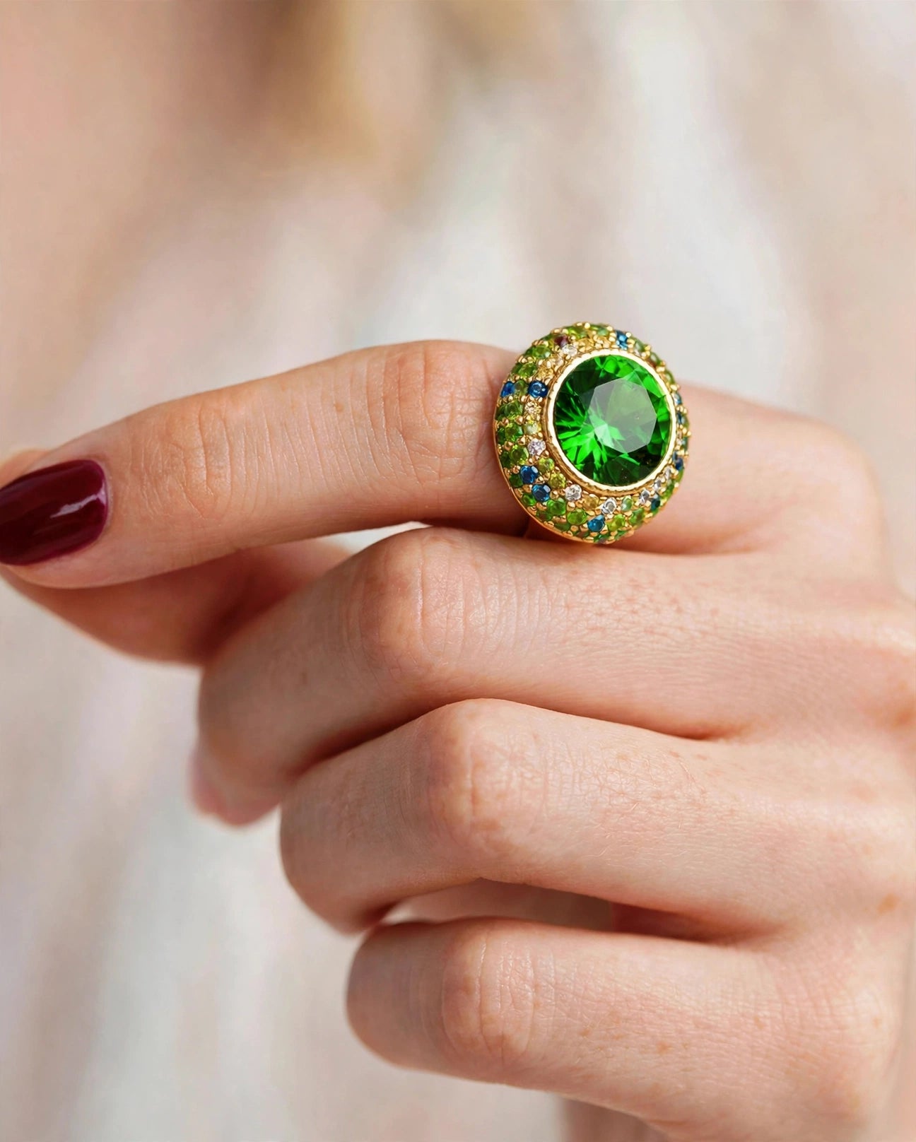 Anello Bronzo con Zirconi Multicolor e Pietra Verde - diWa Jewels - Statement Ring Indice
