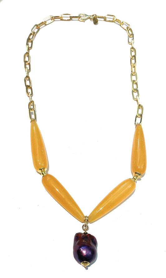 Collana agata gialla gocce ciondolo perla barocca viola argento sterling e catena placcata oro giallo