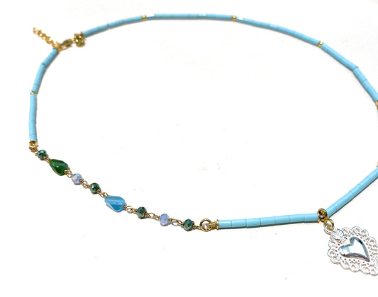 Collarino diWa Jewels tubetto pasta turchese catena alternata pietre semi preziose e ematite turchese argento sterling con charms cuore