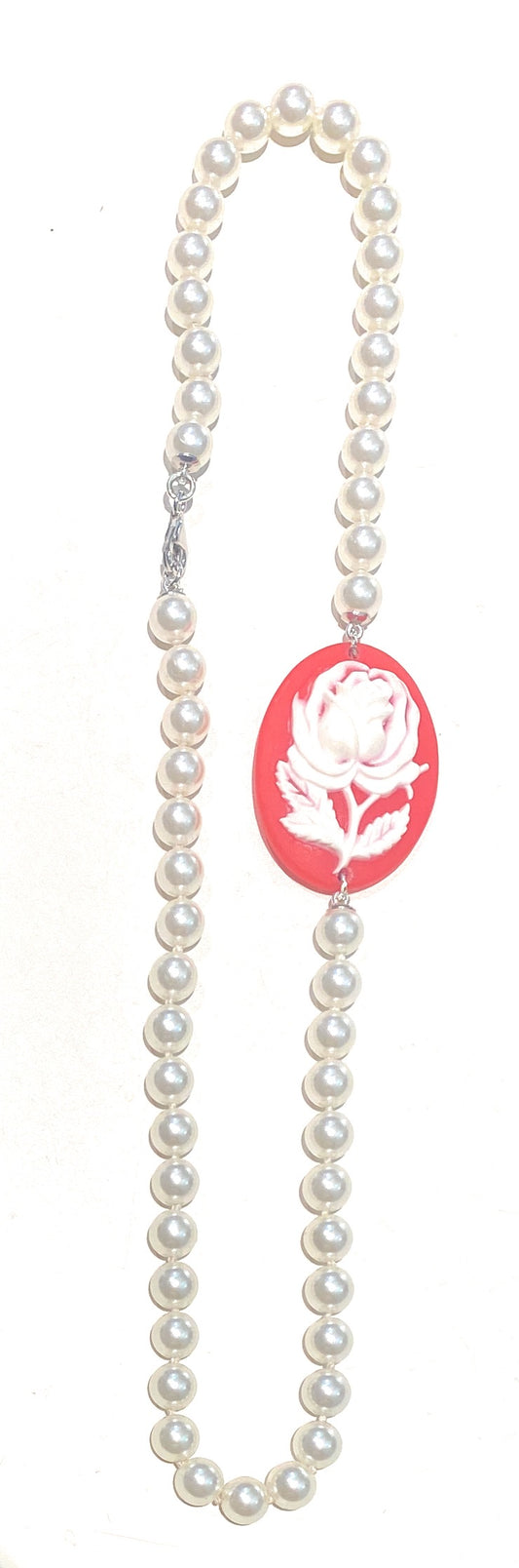 Collana Girocollo Perle Maiorca Centrale Cameo Rosso Ovale cesello Fiore Argento 925