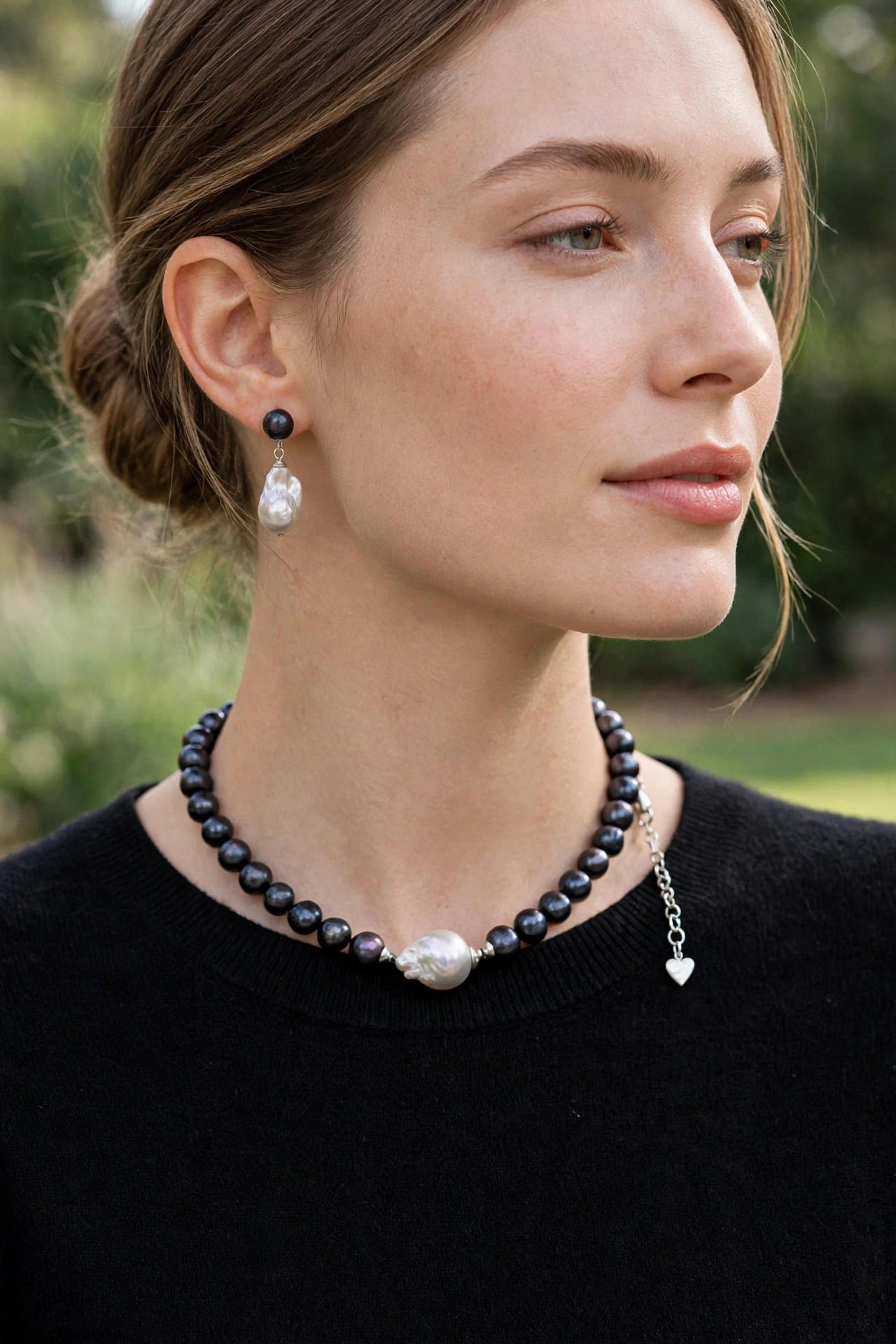 Collana Choker Perle Fresh Water Nere Centrale Perla Barocca Grigia Argento 925