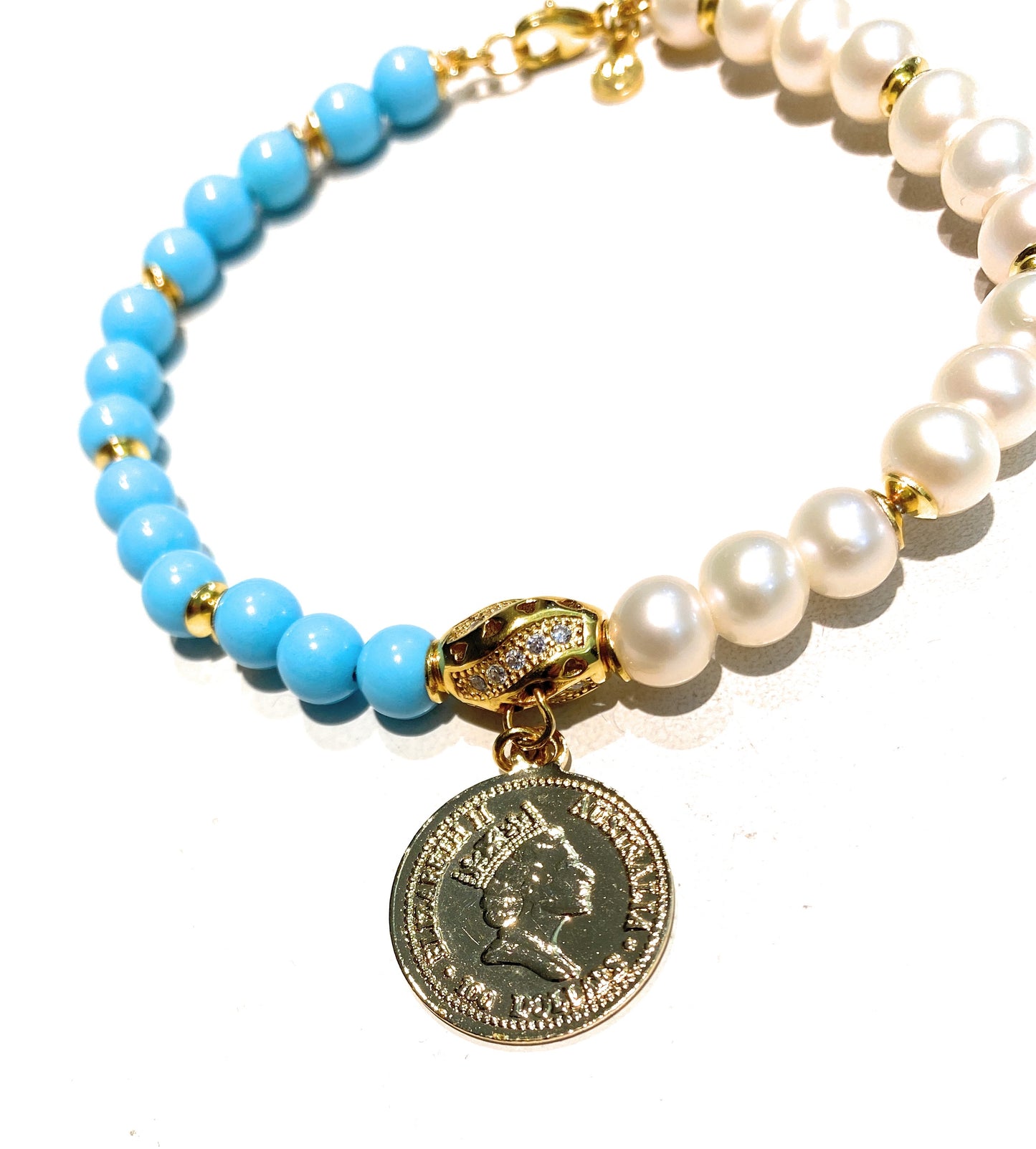 Bracciale Charms Moneta Pasta Turchese Perle Argento 925 Galvanica Gialla
