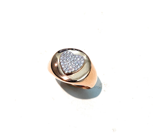 Anello chevalier cuore pavé argento sterling rosé lucido regolabile