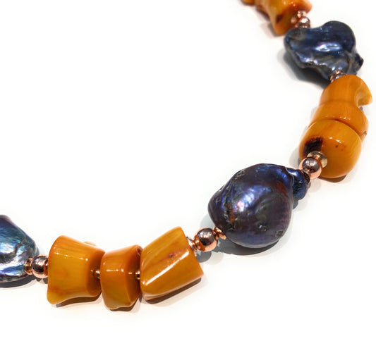 Collana diWa Jewels corallo bamboo arancio perle viola bluette barocche argento sterling rosé ematite rosé