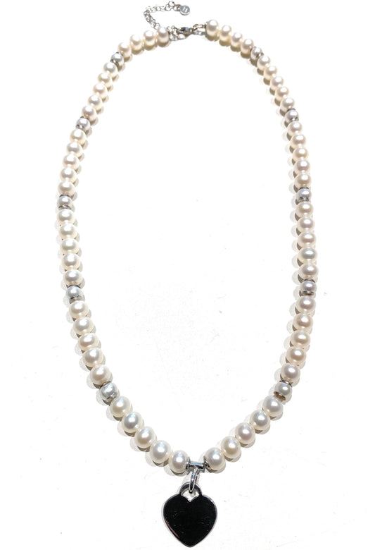 Collana Perle Freshwater e Cuore in Argento Sterling Rodio bianco Personalizzabile