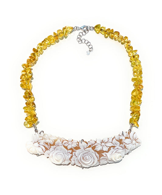 Collana Choker in Ambra Baltica Naturale e Cammeo Floreale – Argento 925, diWa Jewels