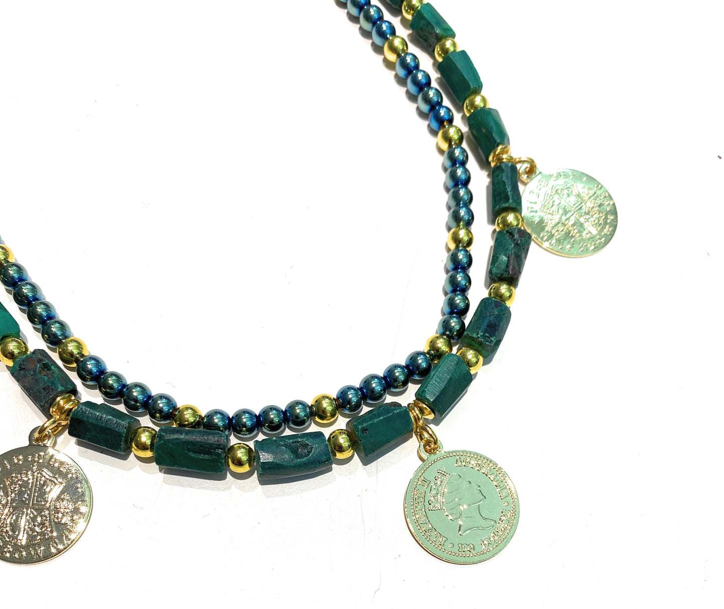 Collana Charms Monete Doppio Filo Malachite Ematite verde Argento 925 placcato Oro Giallo