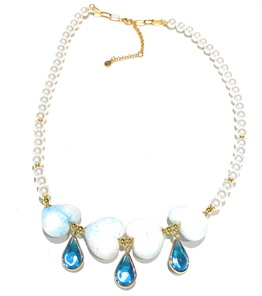 Collana diWa Jewels Choker Perle Centrale Cuori Gocce Cristalli Azzurri Argento Sterling
