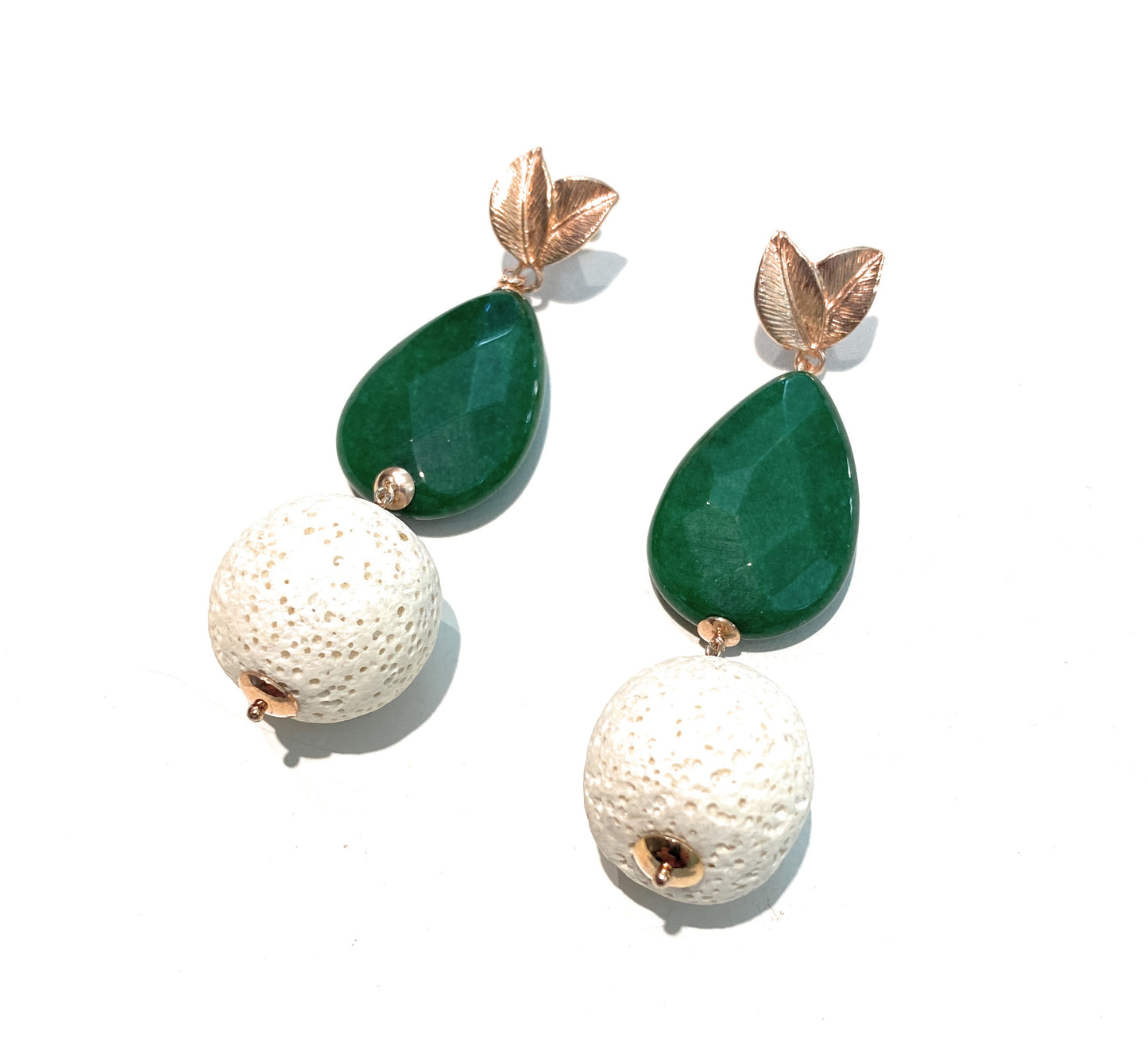 Orecchini Pendent a Goccia in Argento 925 Galvanica Rosé – Agata Verde e Madrepora Bianca, Pezzo Unico, diWa Jewels