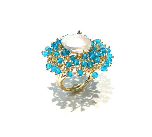 Anello Regolabile con Perla Freshwater e Pietre Azzurre Galvanica Oro