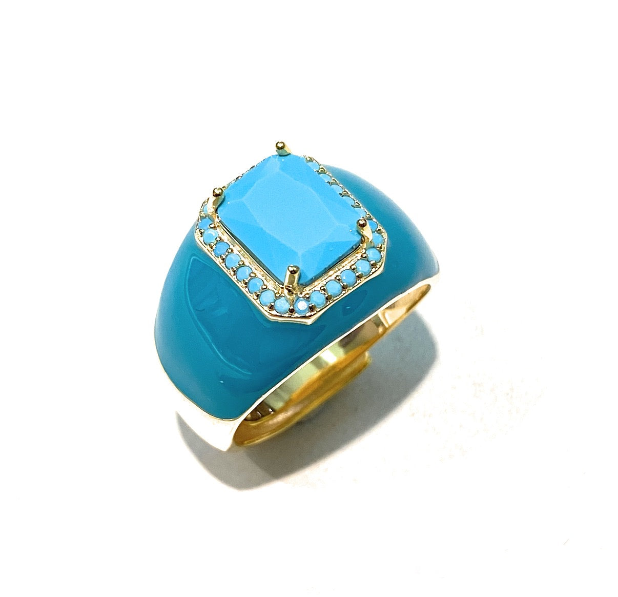 Anello Chevalier Smalto Turchese centrale Pasta Turchese Argento 925 Galvanica Gialla Regolabile