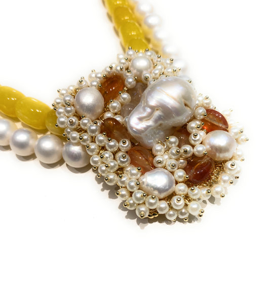 Collana giada gialla perle bianche fresh water centrale con perle e corniola perla barocca argento sterling giallo ematite gold