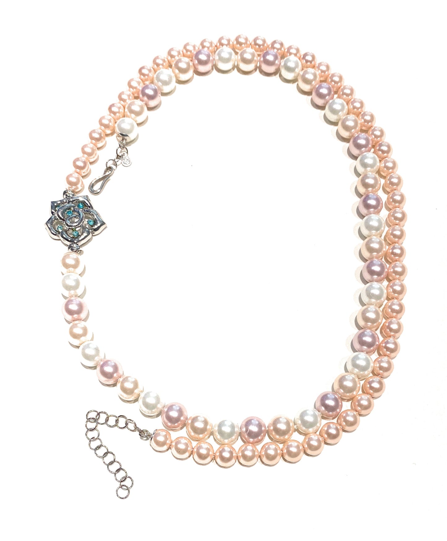 Collana lunga perle Maiorca rosate fentrale rosellina bronzo cristalli azzurri chiusura in argento sterling rodiato bianco