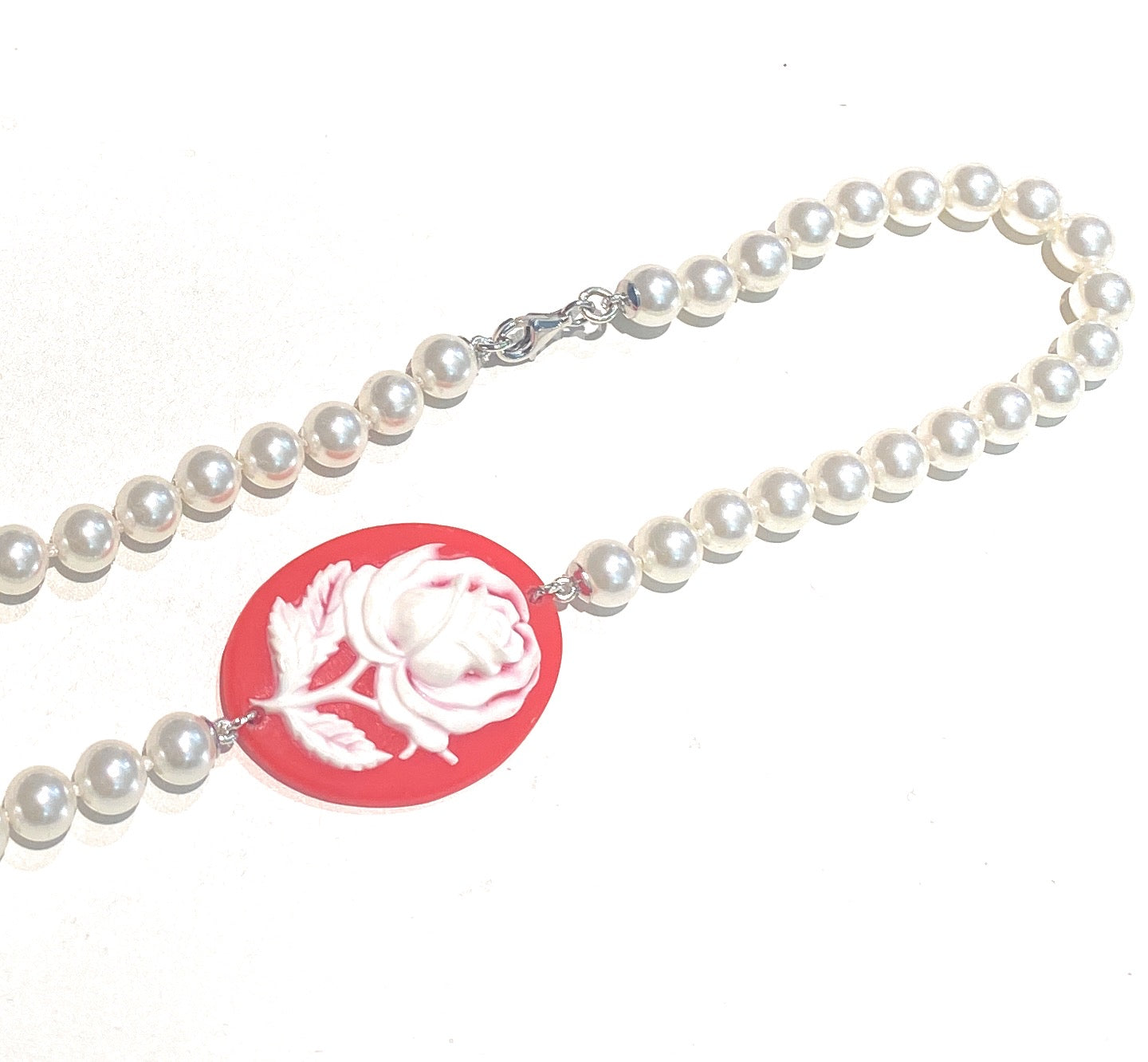 Collana Girocollo Perle Maiorca Centrale Cameo Rosso Ovale cesello Fiore Argento 925