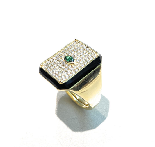 Anello Chevalier Rettangolare in Argento 925 Placcato Oro Giallo con Zirconi Bianchi e Smalto Nero