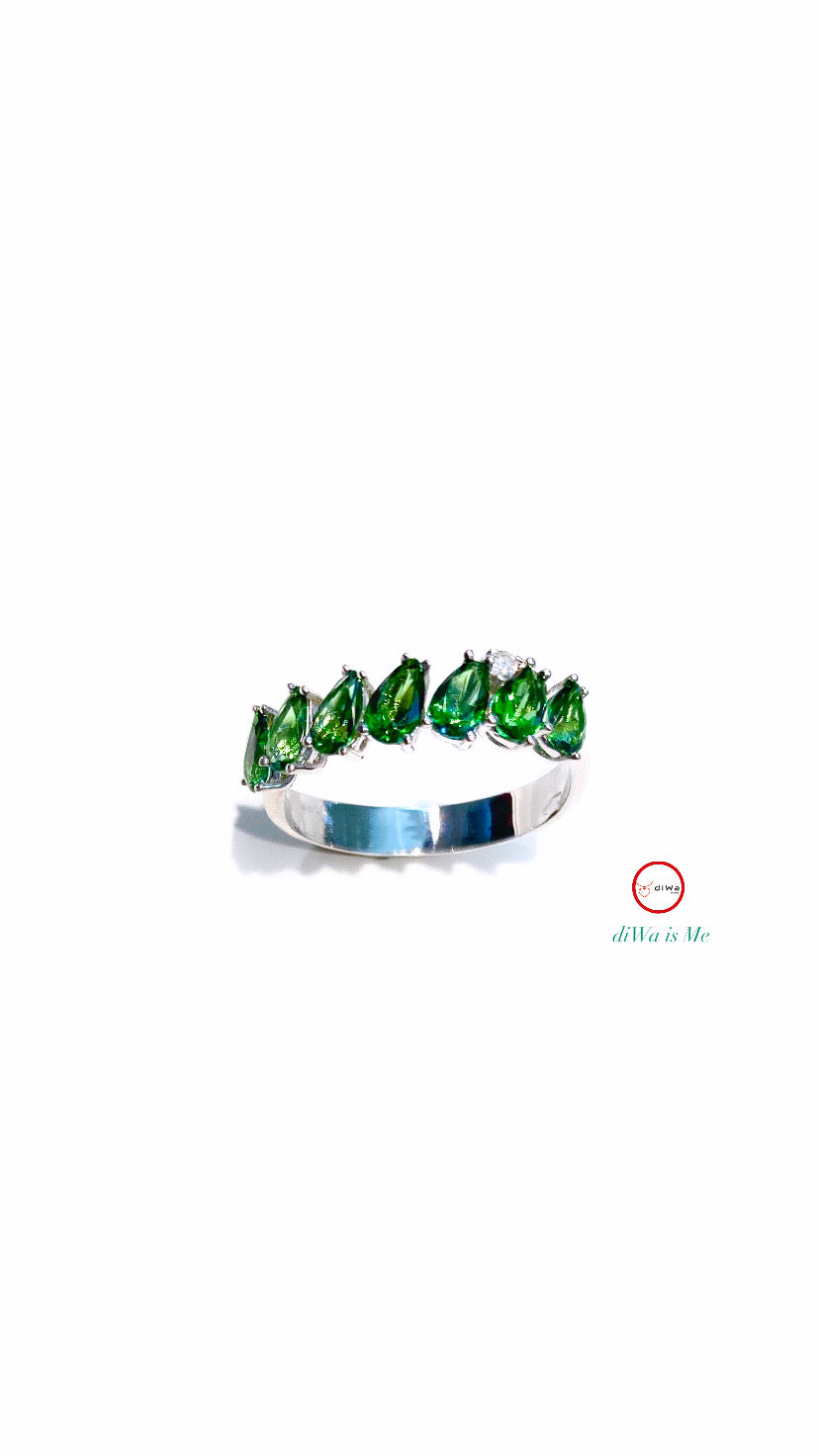 Anello veretta gocce topazio verde paraiba diamante naturale oro bianco 18 Kt