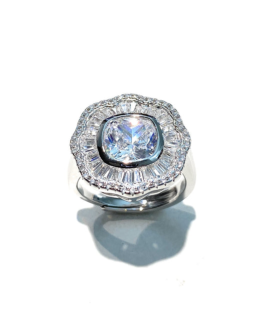 Anello solitario contorno zirconi navette argento 925 rodio regolabile