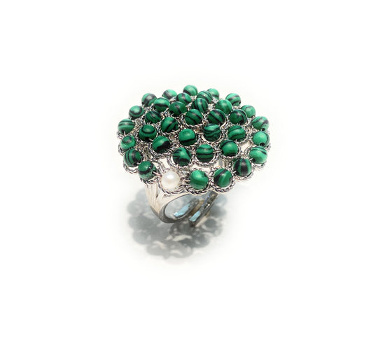 Anello cocktail ammagliato pallini malachite bronzo galvanizzato gambo aperto regolabile