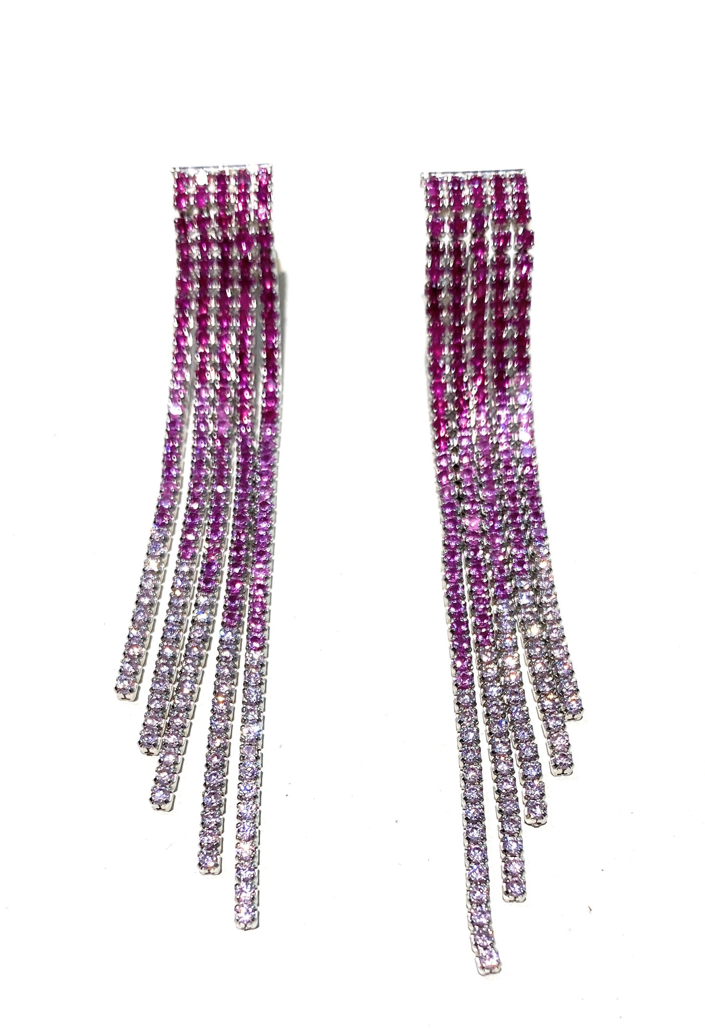 Orecchini tipo tennis 5 file degradé zirconi fucsia con sfumature rodio bianco