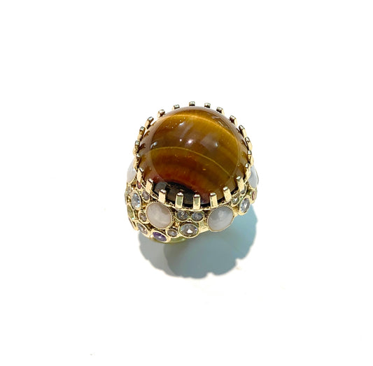 Anello Cocktail Cabochon Occhio di Tigre Galvanica Gialla e pietre dure Regolabile