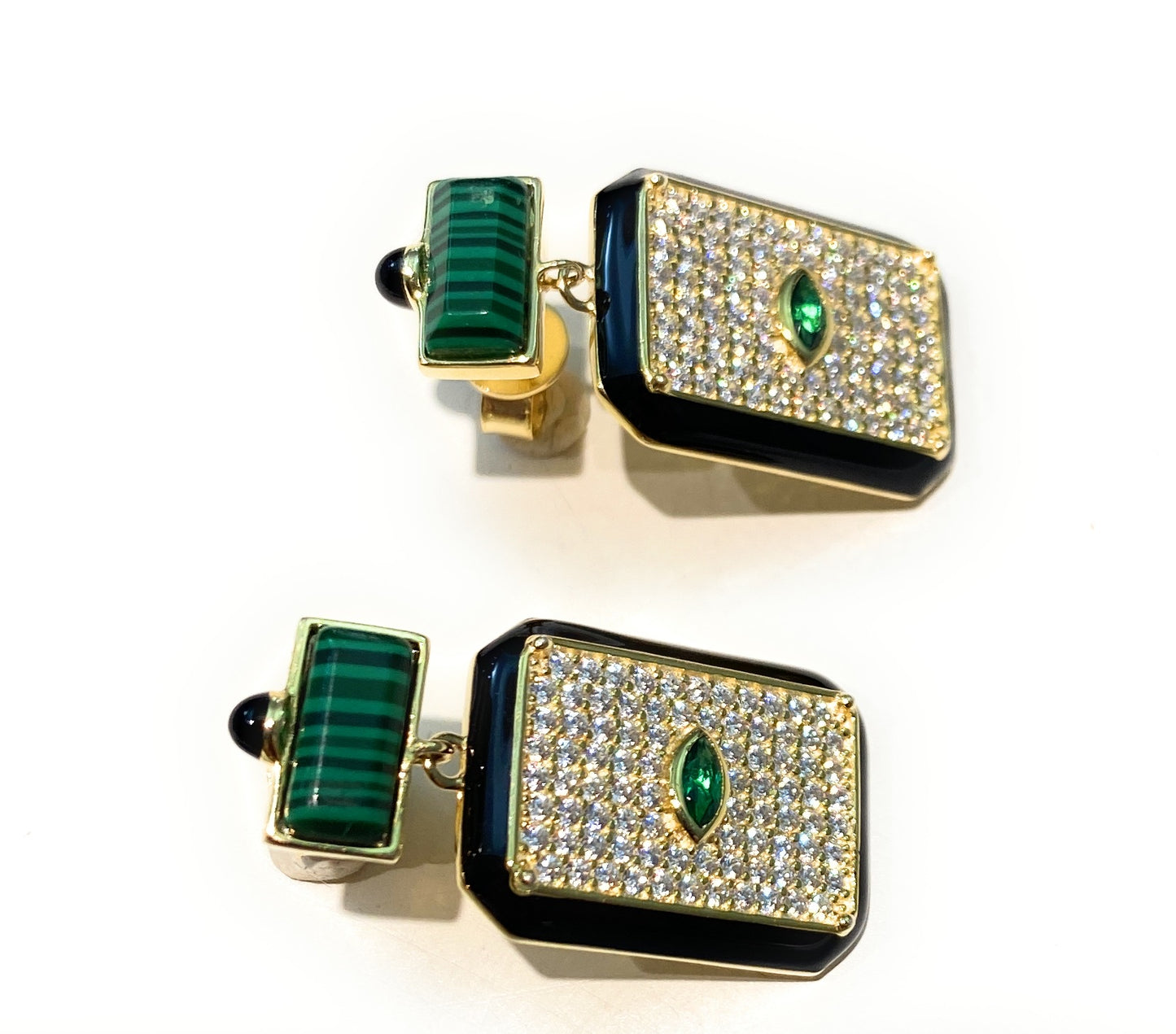 Orecchini Pendenti Smalto Nero Malachite e Zirconi Argento 925 Galvanica Gialla Farfallina