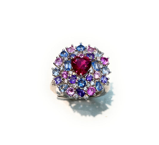 Anello cocktail multicolore centrale cuore argento sterling rodio bianco regolabile
