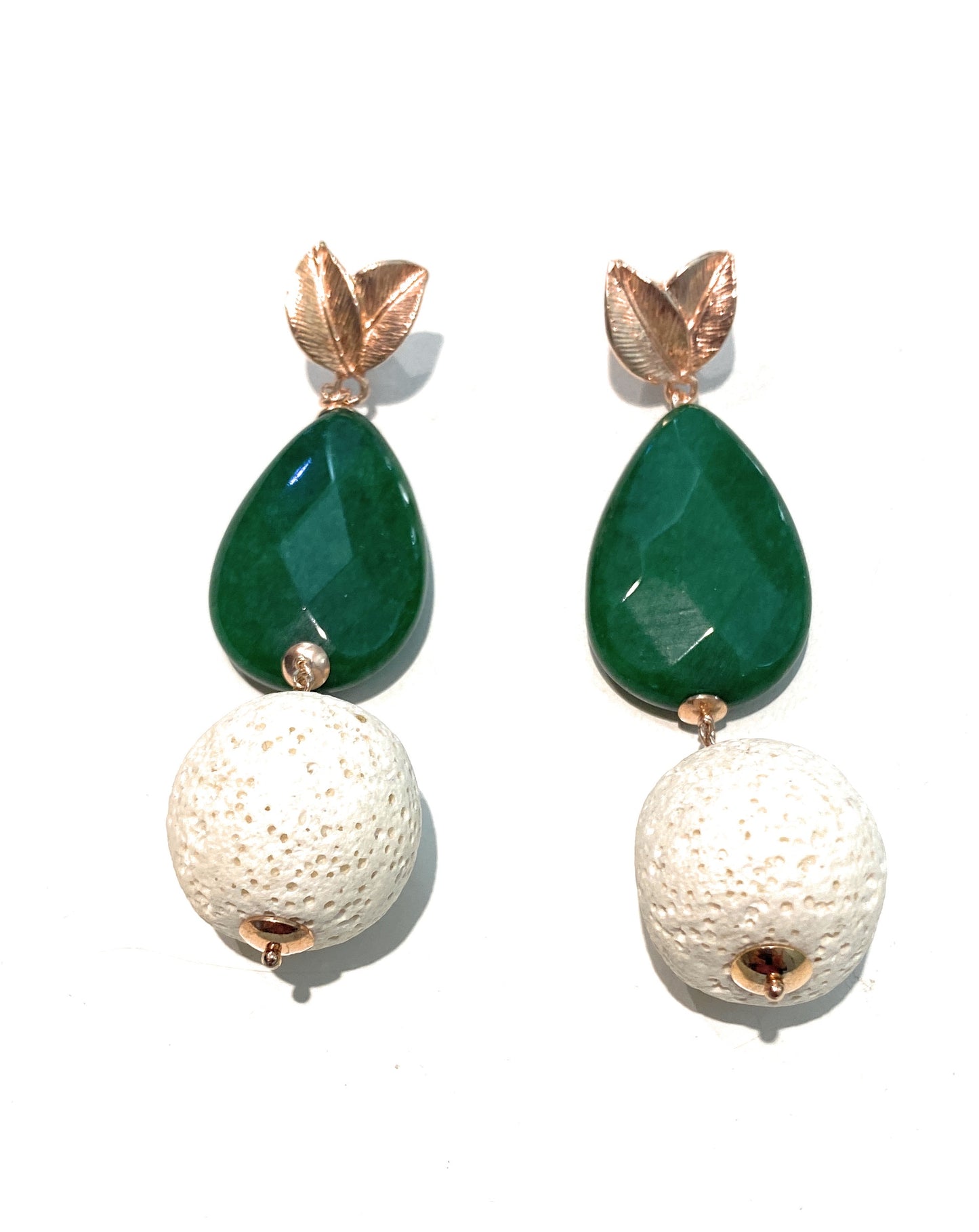 Orecchini Pendent a Goccia in Argento 925 Galvanica Rosé – Agata Verde e Madrepora Bianca, Pezzo Unico, diWa Jewels
