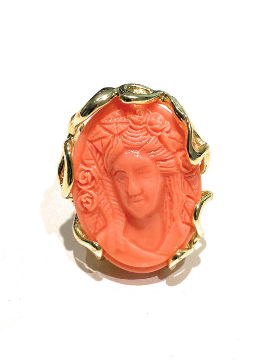 Anello bronzo pasta corallo pietre dure galvanica gialla placcato oro giallo regolabile