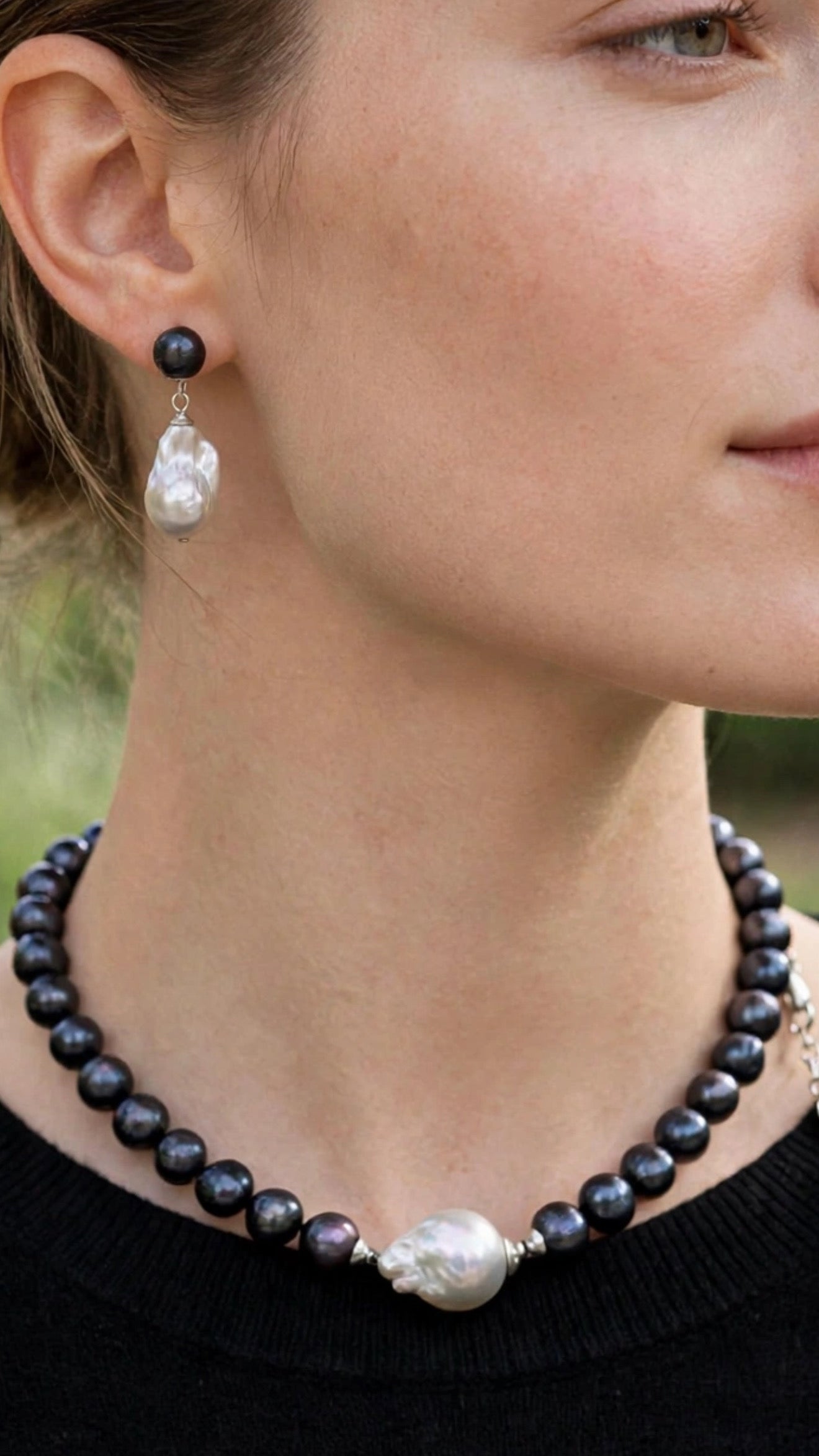 Collana Choker Perle Fresh Water Nere Centrale Perla Barocca Grigia Argento 925