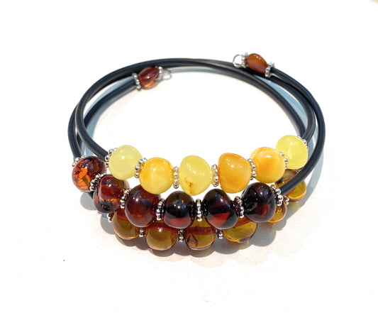 Bracciale Ambra Naturale Baltico Caucciù Nero Acciaio Regolabile diWa Jewels