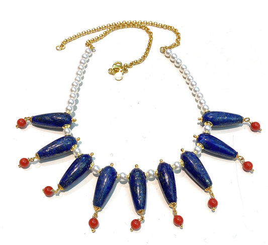 Collana diWa Jewels Choker Gocce di Lapislazzuli Perle e Corallo in Argento Sterling Pezzo Unico
