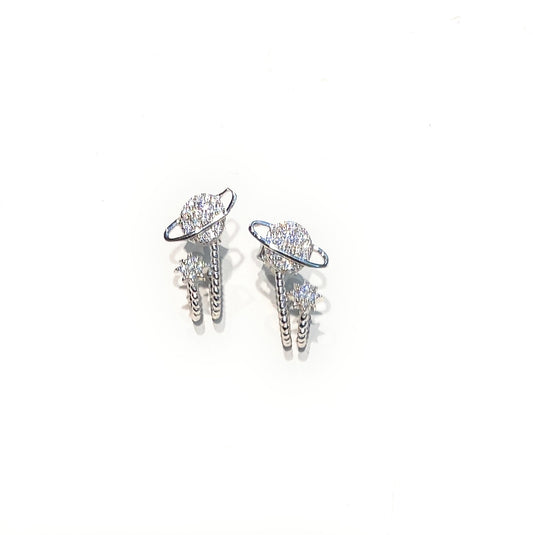 Orecchini a lobo Saturno e stelle argento sterling zirconi rodio bianco