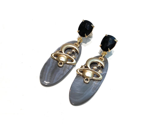 Orecchini diWa Jewels Pendenti Occhio di Gatto Nero ciondolo Pianeti Zama e Lastra Madreperla Grigia farfallina