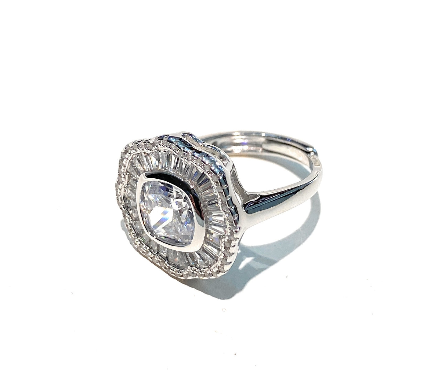 Anello solitario contorno zirconi navette argento 925 rodio regolabile