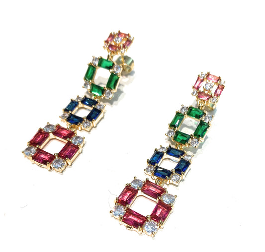 Orecchini multicolore pendenti bronzo galvanizzato oro zirconi colorati chiusura a farfallina