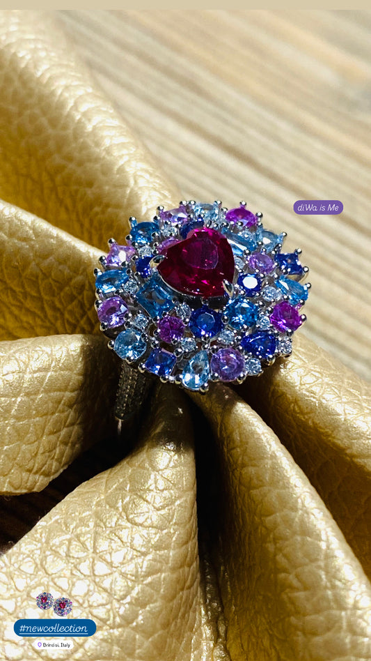 Anello Cocktail Argento 925 Rodio Bianco Cuore Zircone e Zirconi Multicolore Regolabile
