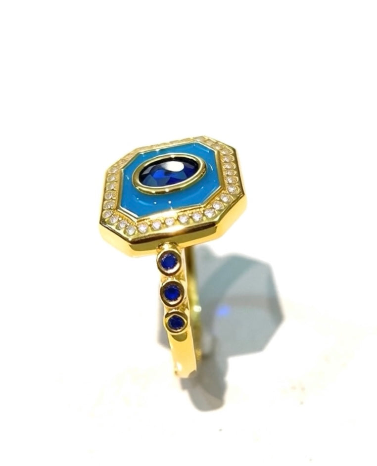 Anello Esagonale Smalto Turchese e Zirconi Bianchi e Blu Argento Sterling Galvanica Gialla  Regolabile
