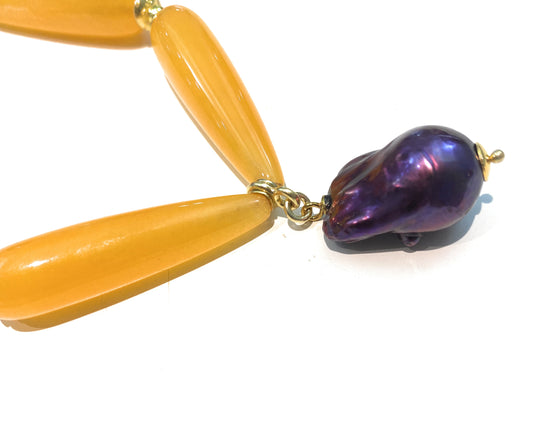 Collana agata gialla gocce ciondolo perla barocca viola argento sterling e catena placcata oro giallo