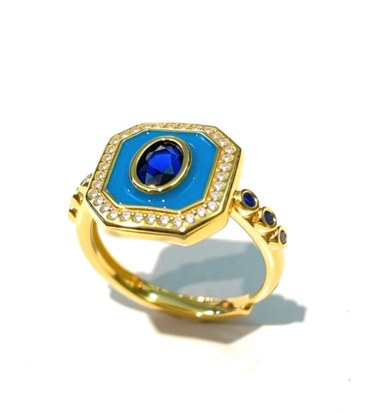 Anello Esagonale Smalto Turchese e Zirconi Bianchi e Blu Argento Sterling Galvanica Gialla Regolabile