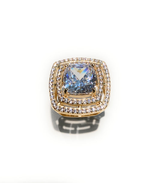 Anello con Grande Zircone Centrale e Contorno – Argento 925, Galvanica Oro Giallo, Regolabile, diWa Jewels