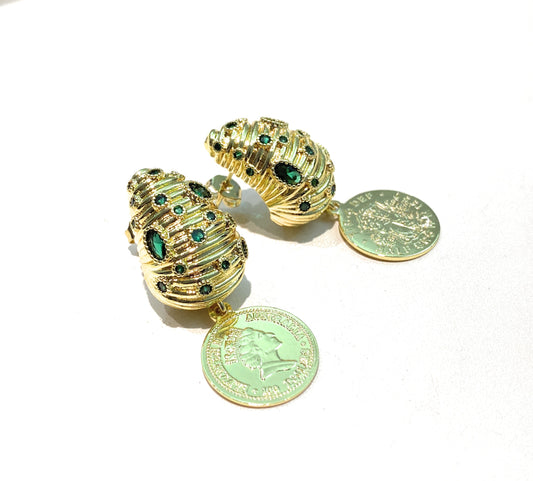 Orecchini diWa Jewels perno con Goccia e Pendente Moneta in bronzo placcato oro farfallina in argento 925