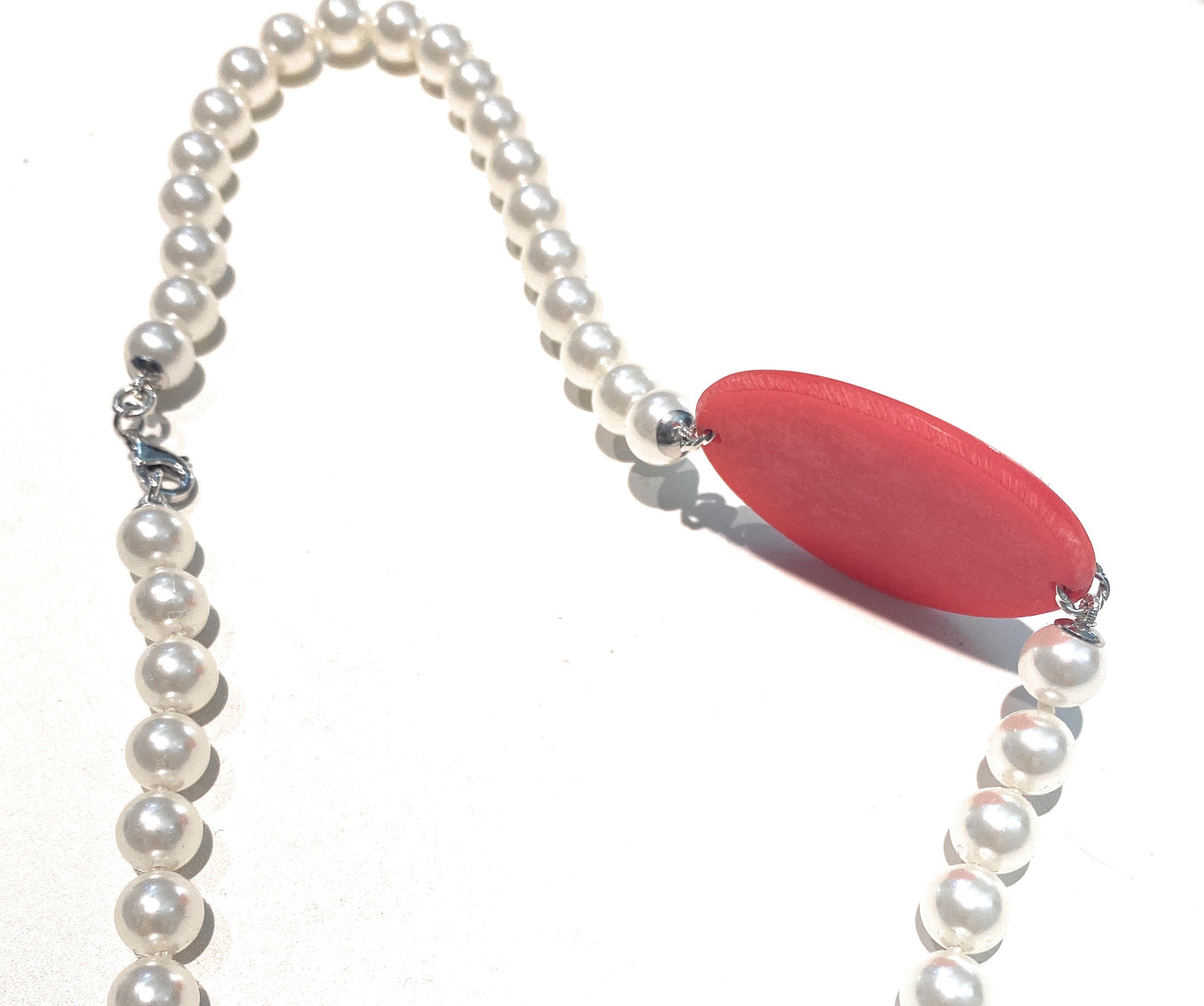 Collana Girocollo Perle Maiorca Centrale Cameo Rosso Ovale cesello Fiore Argento 925